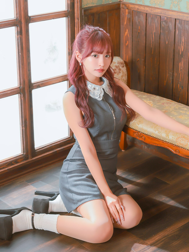 ミニドレス ワンピース Aライン 谷間 ノースリーブ グレー 上品 ジップ 襟付き キャバドレスのイメージ画像3