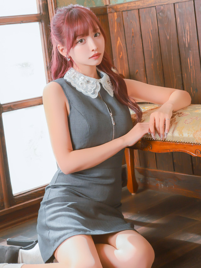 ミニドレス ワンピース Aライン 谷間 ノースリーブ グレー 上品 ジップ 襟付き キャバドレスのイメージ画像4