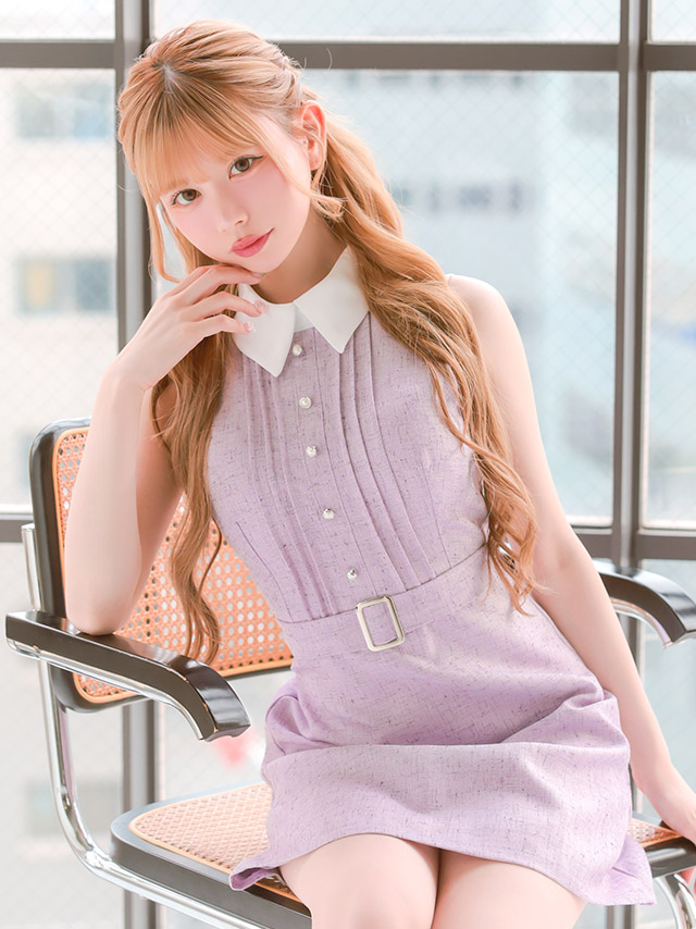 ミニドレス ノースリーブ ツイード 襟付き 同伴 ベルト付き 胸元カバー 下着のまま ラベンダー XL XXL Aライン キャバドレスのイメージ画像2