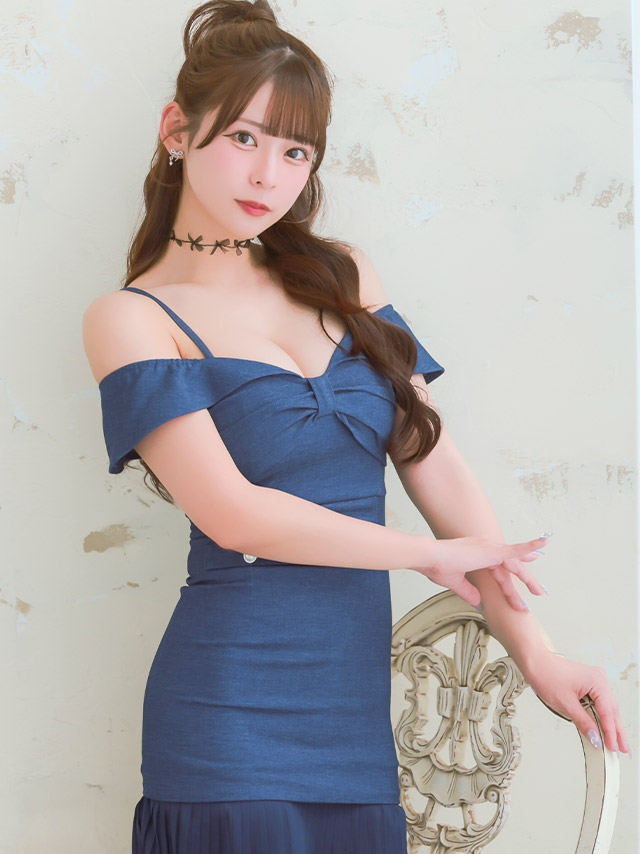 ミニドレス 肩あき リボン 谷間 デニム 裾プリーツ フェイクポケット ブルー XL タイト キャバドレスのイメージ画像1