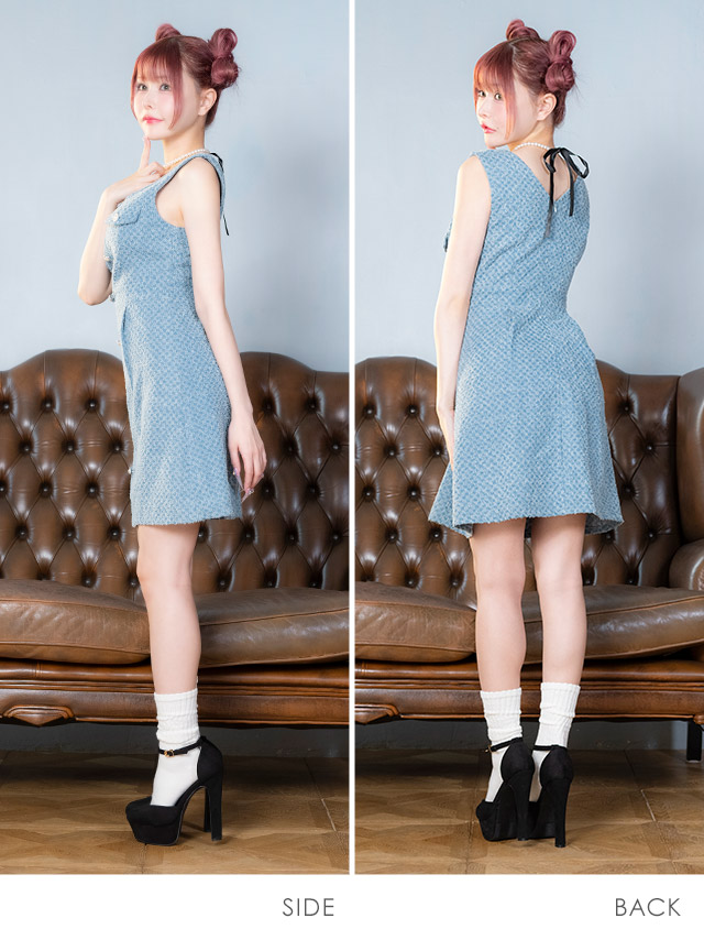 ワンピース Aライン ミニドレス ノースリーブ ブラジャーのまま デニム フロントボタン キャバドレスのサイドバッグ全身