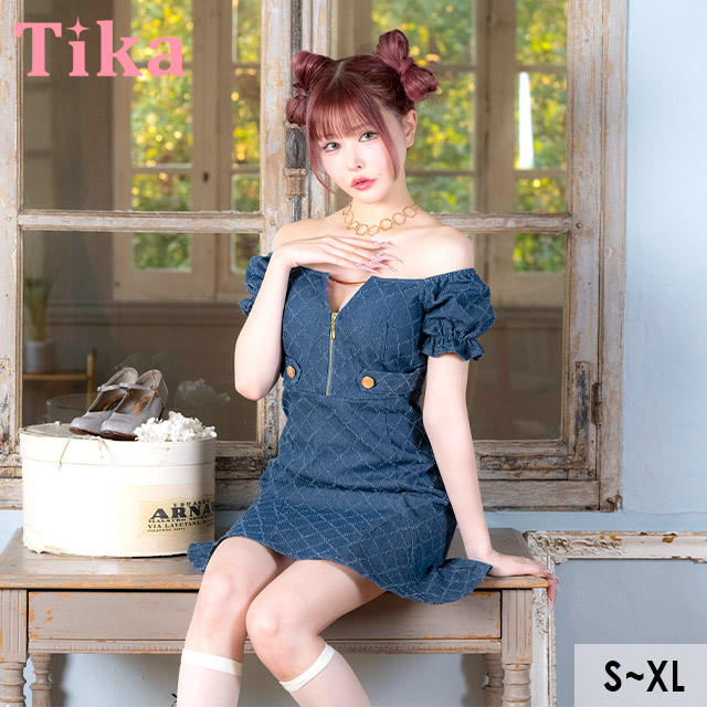 ワンピース Aライン ミニドレス 谷間 オフショルダー ジップ チェック柄 デニム パフスリーブ サイドベルト バストカット 同伴 キャバドレスのメイン画像