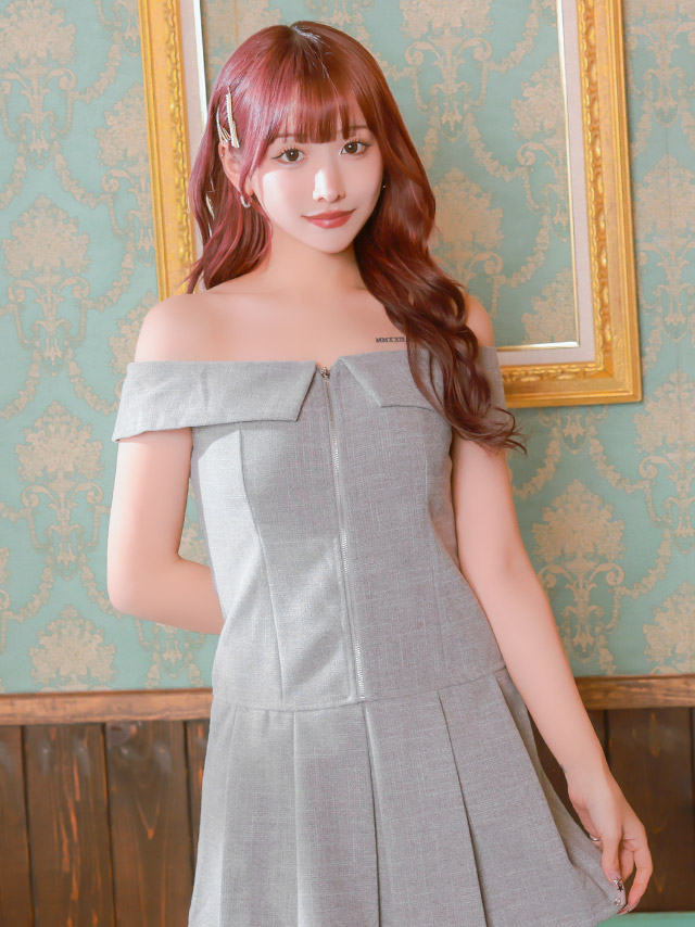 ミニドレス Aライン オフショルダー 大きいサイズ 上品 ジップ ワンカラー プリーツ キャバドレスのイメージ画像1