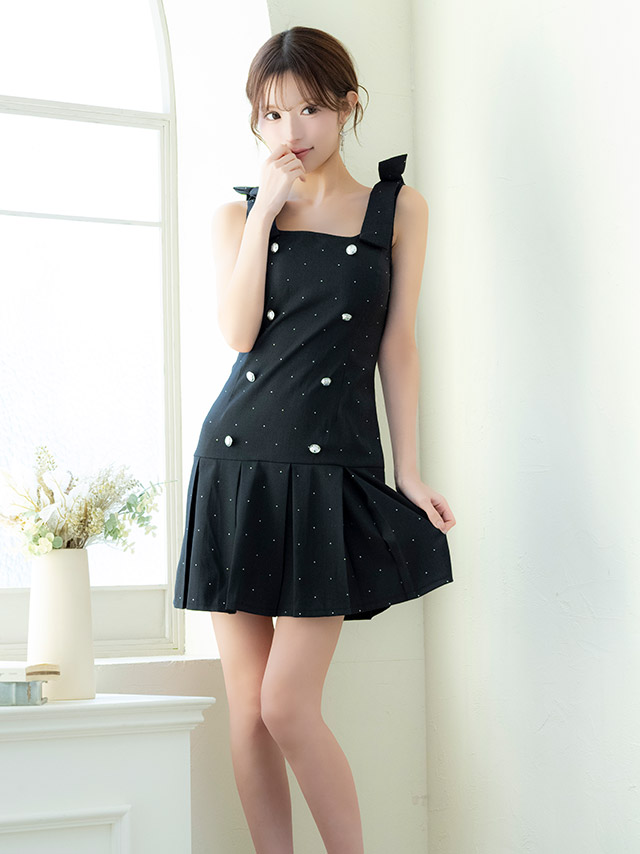 ミニドレス Aライン ノースリーブ ショルダーリボン ワンピース 同伴 スクエアネック ダブルボタン ラメ プリーツ ブラジャーのまま XL ブラック キャバドレスのイメージ画像1