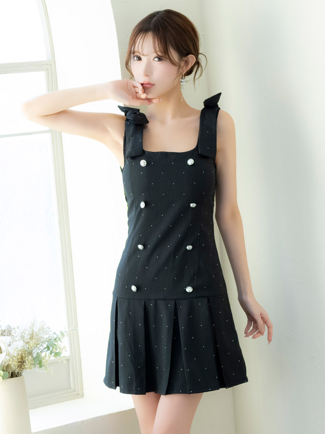 ミニドレス Aライン ノースリーブ ショルダーリボン ワンピース 同伴 スクエアネック ダブルボタン ラメ プリーツ ブラジャーのまま XL ブラック キャバドレスのイメージ画像3