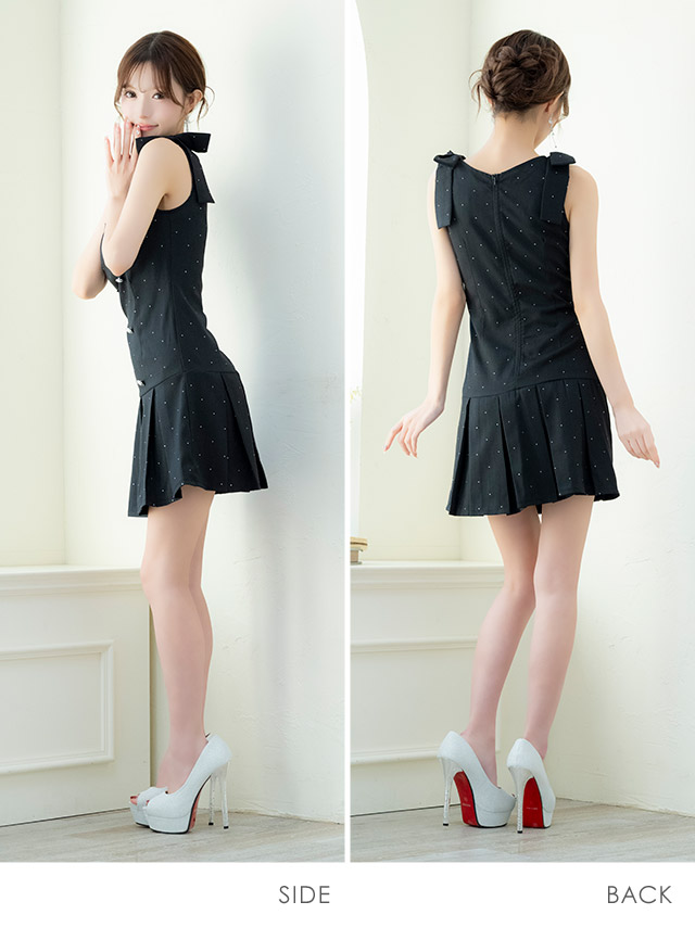 ミニドレス Aライン ノースリーブ ショルダーリボン ワンピース 同伴 スクエアネック ダブルボタン ラメ プリーツ ブラジャーのまま XL ブラック キャバドレスのサイドバッグ全身