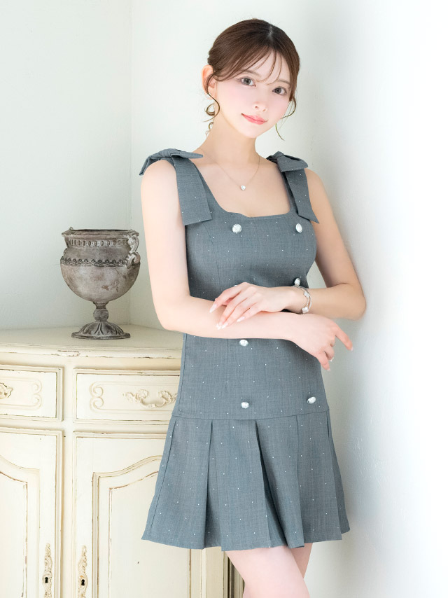 ミニドレス Aライン ノースリーブ ショルダーリボン ワンピース 同伴 スクエアネック ダブルボタン ラメ プリーツ ブラジャーのまま XL グレー キャバドレスのイメージ画像1