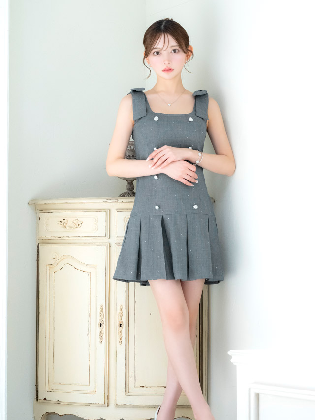 ミニドレス Aライン ノースリーブ ショルダーリボン ワンピース 同伴 スクエアネック ダブルボタン ラメ プリーツ ブラジャーのまま XL グレー キャバドレスのイメージ画像3