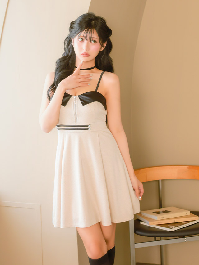 ミニドレス キャミソール ジップ 谷間 襟付き風 Aライン ベージュ XL XXL 4L 5L 大きいサイズ キャバドレスのイメージ画像1