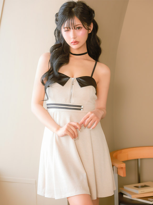 ミニドレス キャミソール ジップ 谷間 襟付き風 Aライン ベージュ XL XXL 4L 5L 大きいサイズ キャバドレスのイメージ画像4