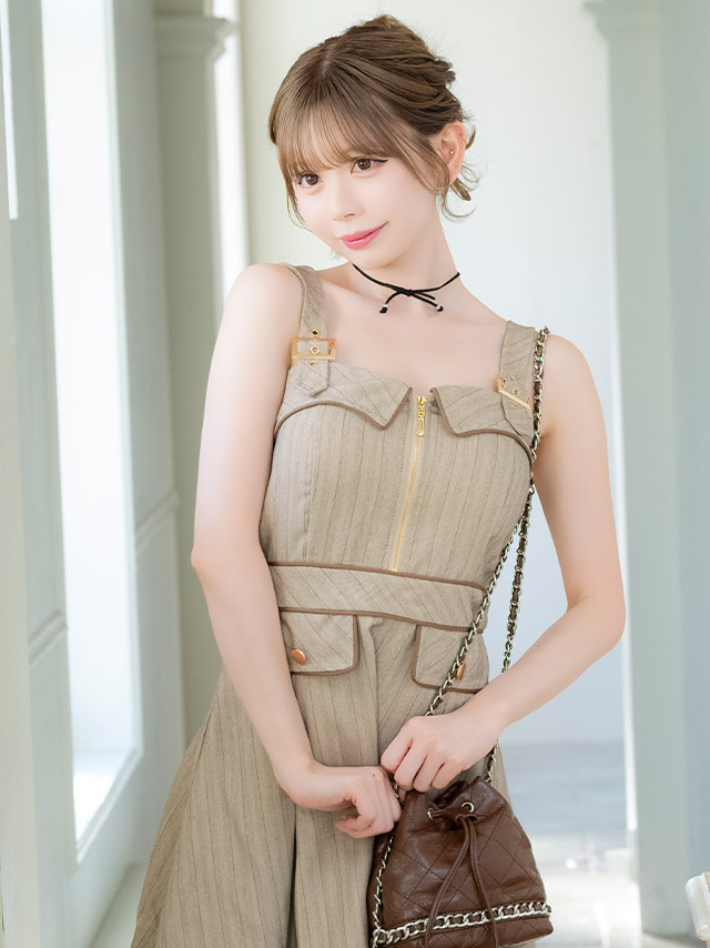 ミニドレス Aライン キャミソール ワンピース 同伴 ジップ 谷間 ストライプ パイピング ベージュ XL キャバドレスのイメージ画像1