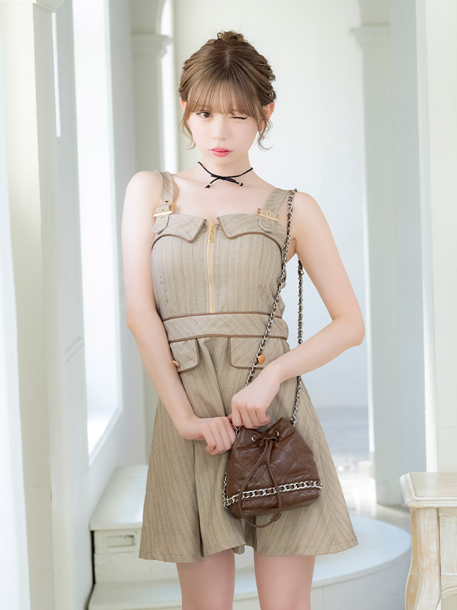 ミニドレス Aライン キャミソール ワンピース 同伴 ジップ 谷間 ストライプ パイピング ベージュ XL キャバドレスのイメージ画像3