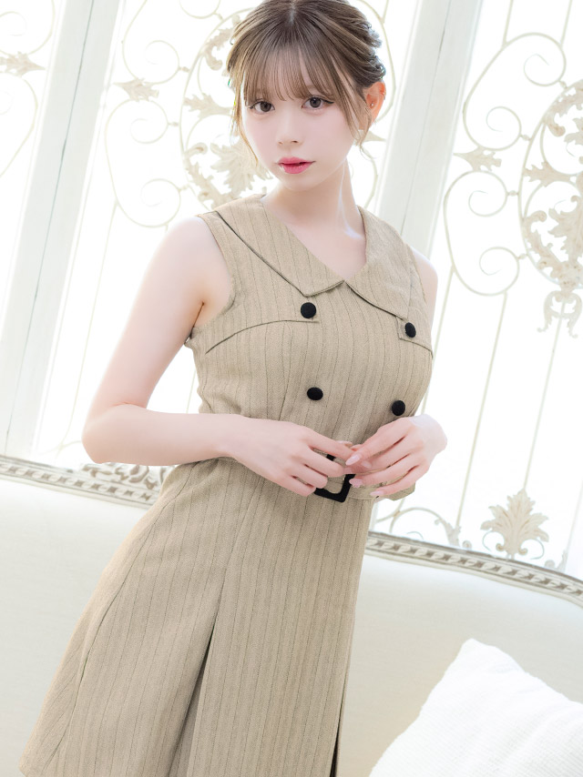 ミニドレス Aライン ノースリーブ ワンピース 同伴 襟付き ベルト付き ダブルボタン ブラジャーのまま ストライプ XL ベージュ キャバドレスのイメージ画像1