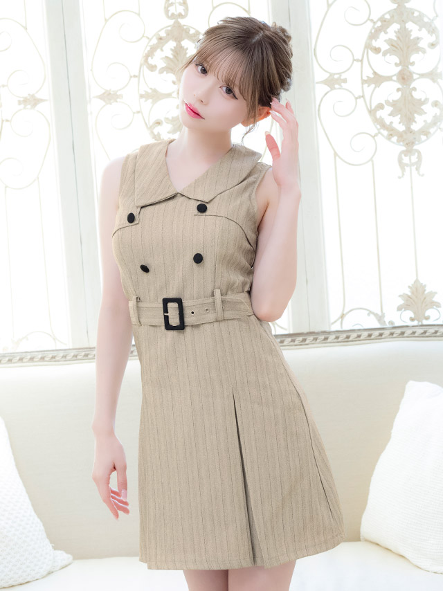 ミニドレス Aライン ノースリーブ ワンピース 同伴 襟付き ベルト付き ダブルボタン ブラジャーのまま ストライプ XL ベージュ キャバドレスのイメージ画像3