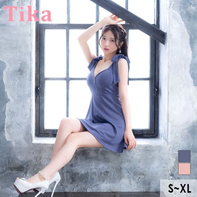 ミニドレス Aライン ノースリーブ ショルダーリボン ジップ ビジュー 谷間 ワンピース 同伴 ピンク XL キャバドレスのメイン画像