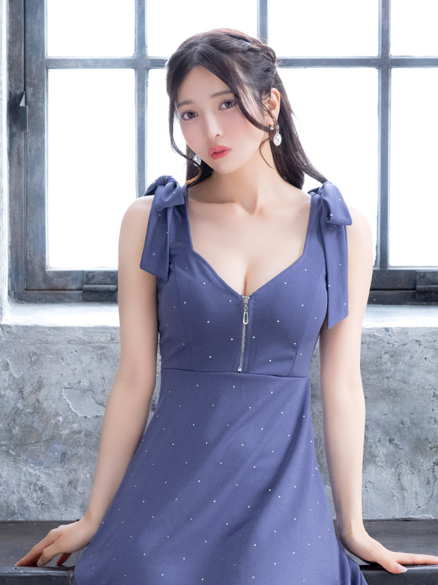 ミニドレス Aライン ノースリーブ ショルダーリボン ジップ ビジュー 谷間 ワンピース 同伴 ピンク XL キャバドレスのイメージ画像2