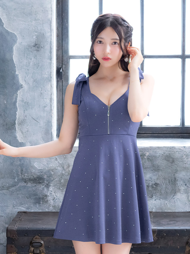 ミニドレス Aライン ノースリーブ ショルダーリボン ジップ ビジュー 谷間 ワンピース 同伴 ピンク XL キャバドレスのイメージ画像4