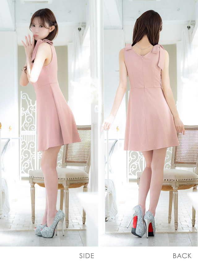 ミニドレス Aライン ノースリーブ ショルダーリボン ジップ ビジュー 谷間 ワンピース 同伴 ピンク XL キャバドレスのサイドバッグ全身