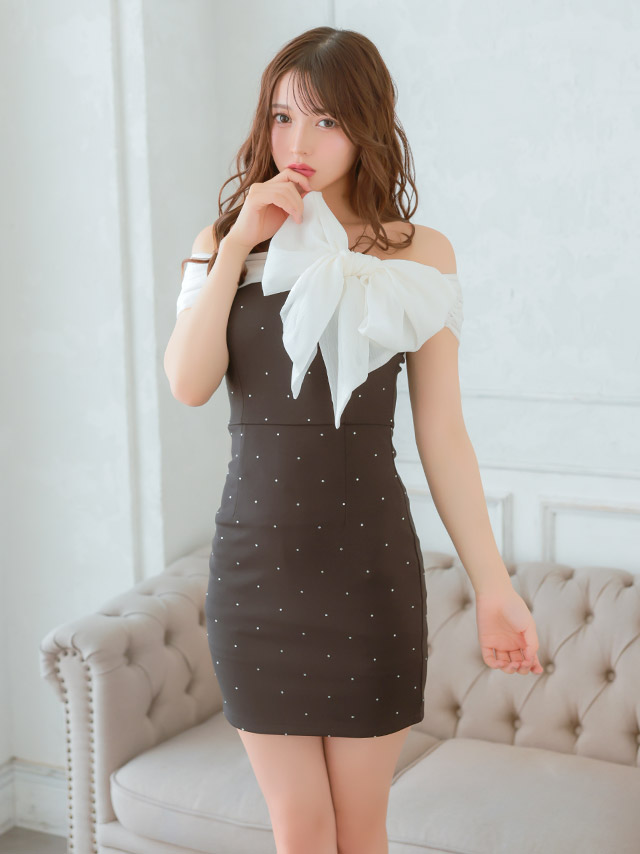 ミニドレス オフショルダー シフォン ビッグリボン ドットビジュー ストレッチ 黒 ブラック XL タイト キャバドレスのイメージ画像4