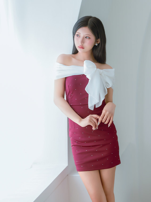 ミニドレス オフショルダー シフォン ビッグリボン ドットビジュー ストレッチ ワインレッド XL タイト キャバドレスのイメージ画像4