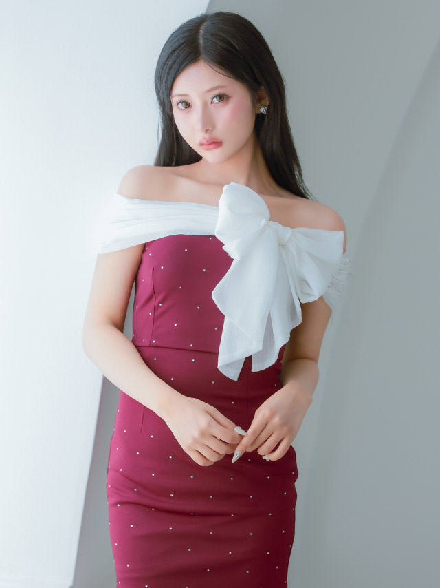 ミニドレス オフショルダー シフォン ビッグリボン ドットビジュー ストレッチ ワインレッド XL タイト キャバドレスのイメージ画像4