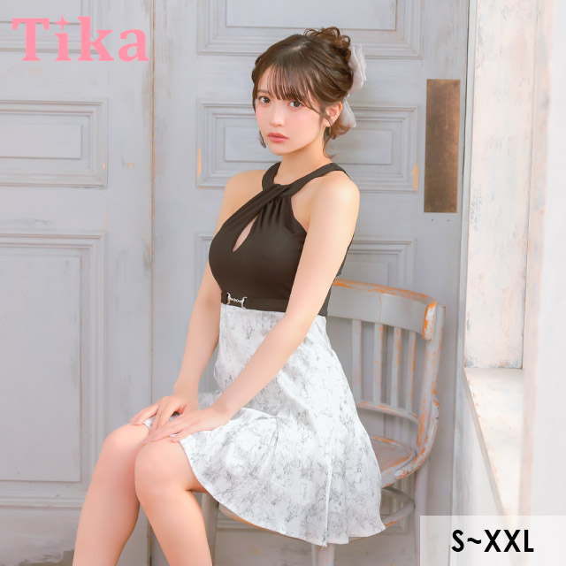 ミニドレス ホルターネック キーホール 谷間 ウエストベルト 大理石柄 黒 白 XL XXL Aライン キャバドレスのメイン画像