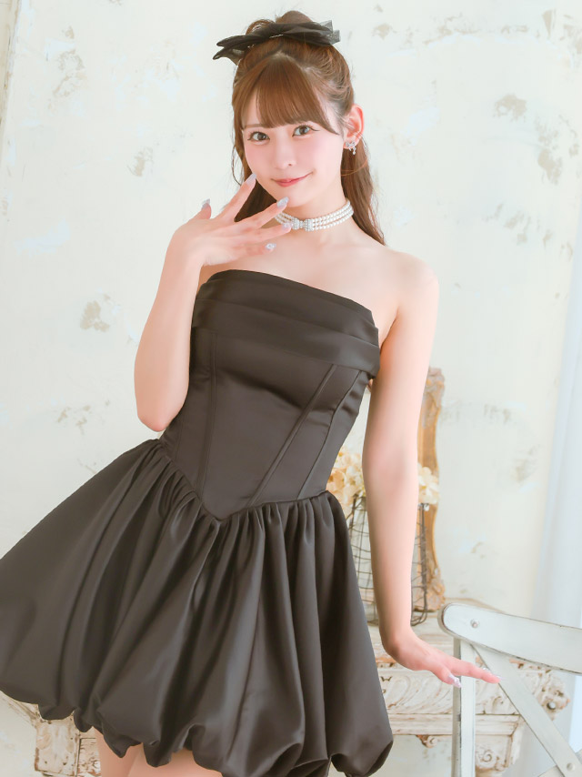 ミニドレス バースデー ベアトップ サテン バルーンスカート 黒 XL XXL Aライン キャバドレスのイメージ画像1