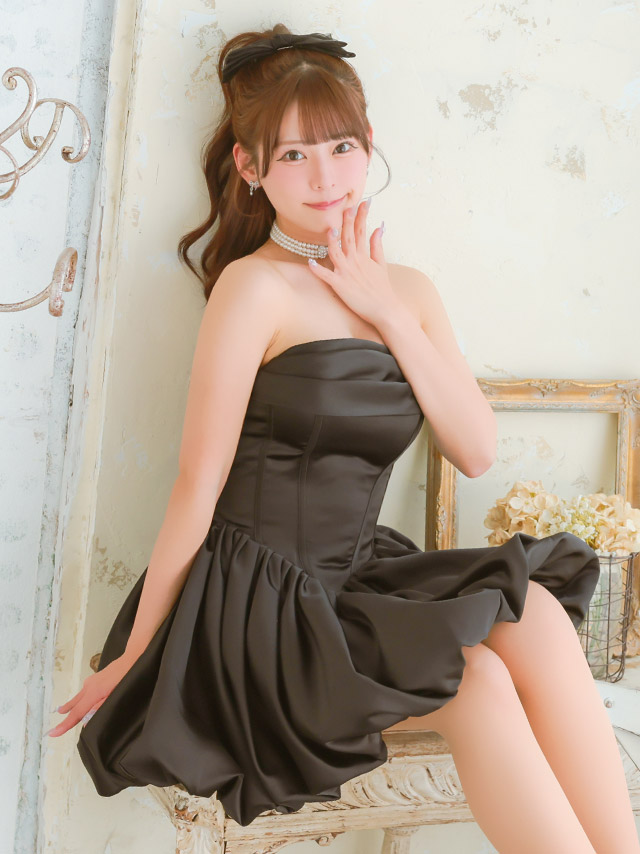 ミニドレス バースデー ベアトップ サテン バルーンスカート 黒 XL XXL Aライン キャバドレスのイメージ画像2