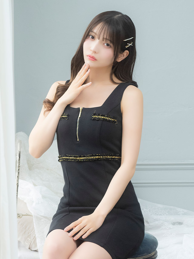 ゴールドチェーンデザインバストフロントジップノースリーブタイトミニドレスのメイン画像