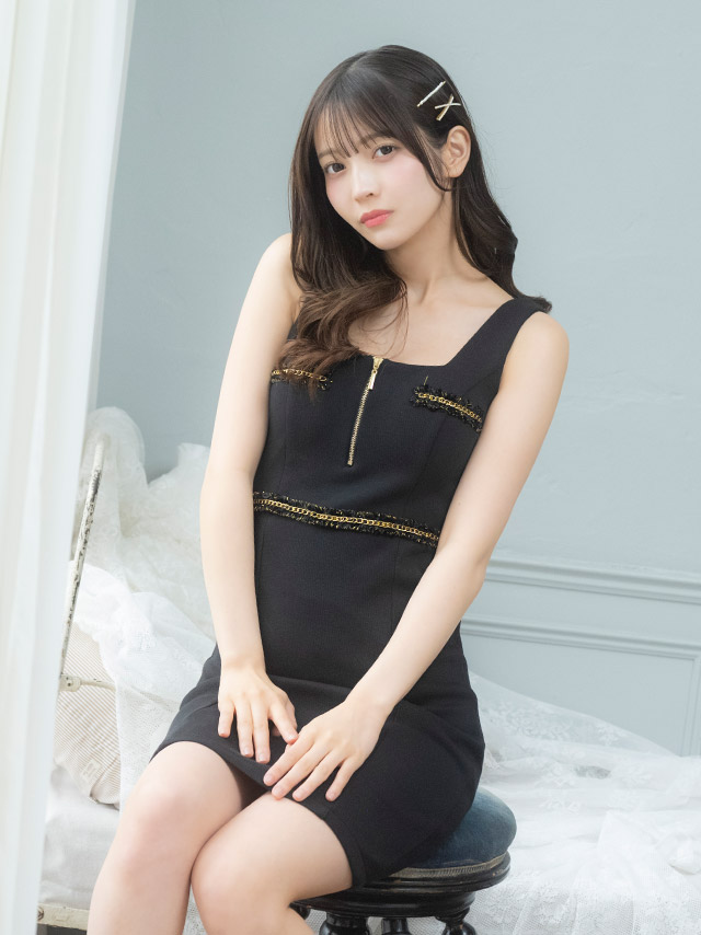 ゴールドチェーンデザインバストフロントジップノースリーブタイトミニドレスのメイン画像