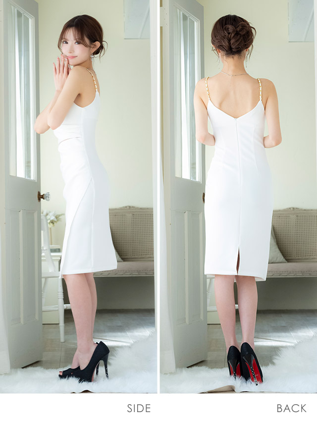 膝丈ドレス タイト 谷間 シンプル 大人 上品 ストレッチ キャミソール チェーンショルダー ウエストカット シースルー ラップ XL ホワイト キャバドレスのサイドバッグ全身