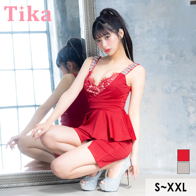 ミニドレス ペプラム 谷間 ハートカット レース ストレッチ ビジュー キャミソール お腹カバー 大きいサイズ XL XXL グレー タイト キャバドレスのメイン画像