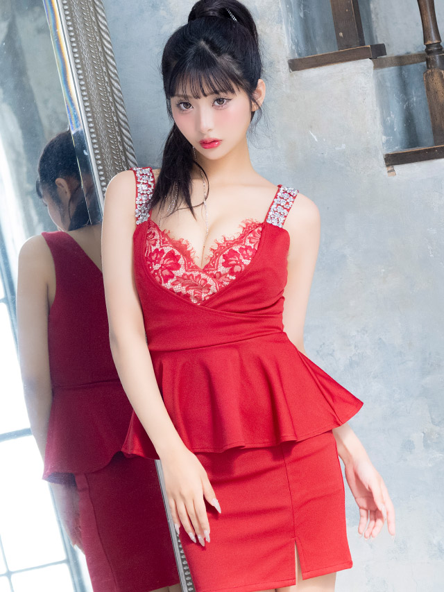 ミニドレス ペプラム 谷間 ハートカット レース ストレッチ ビジュー キャミソール お腹カバー 大きいサイズ XL XXL グレー タイト キャバドレスのイメージ画像1