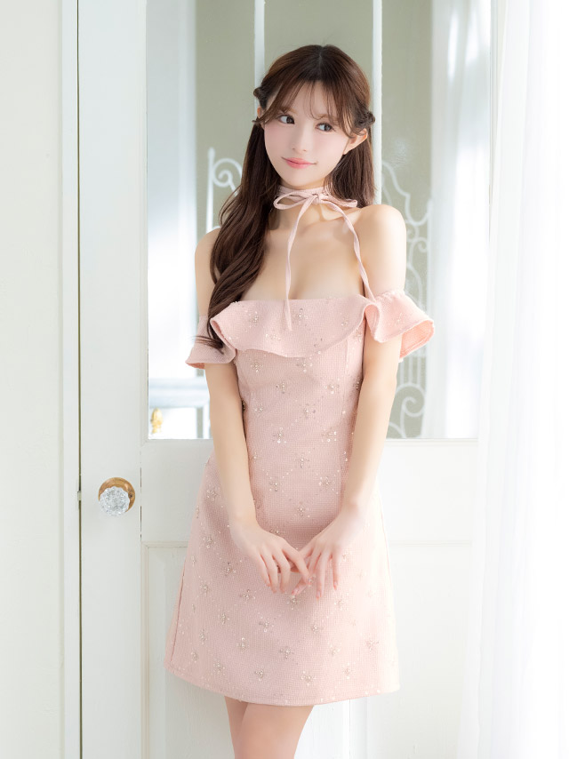 ミニドレス オフショルダー ツイード Aライン ビジュー フラワー チョーカーリボン付き ホワイト XL キャバドレスのイメージ画像1