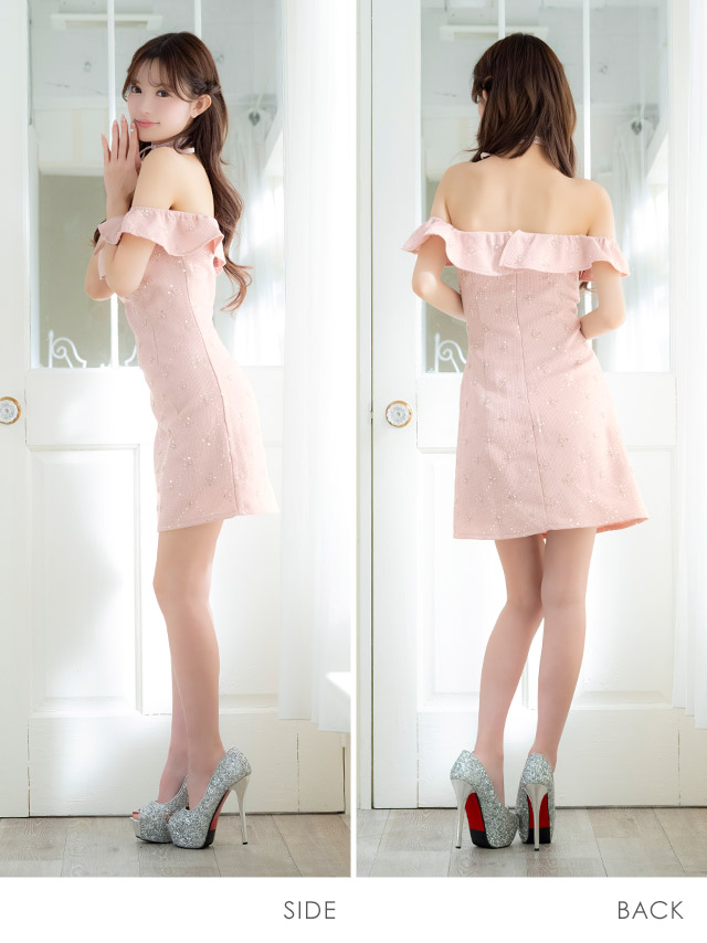 ミニドレス オフショルダー ツイード Aライン ビジュー フラワー チョーカーリボン付き ホワイト XL キャバドレスのサイドバッグ全身