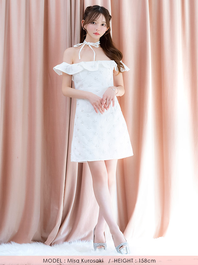 ミニドレス オフショルダー ツイード Aライン ビジュー フラワー チョーカーリボン付き ホワイト XL キャバドレスのフロント全身