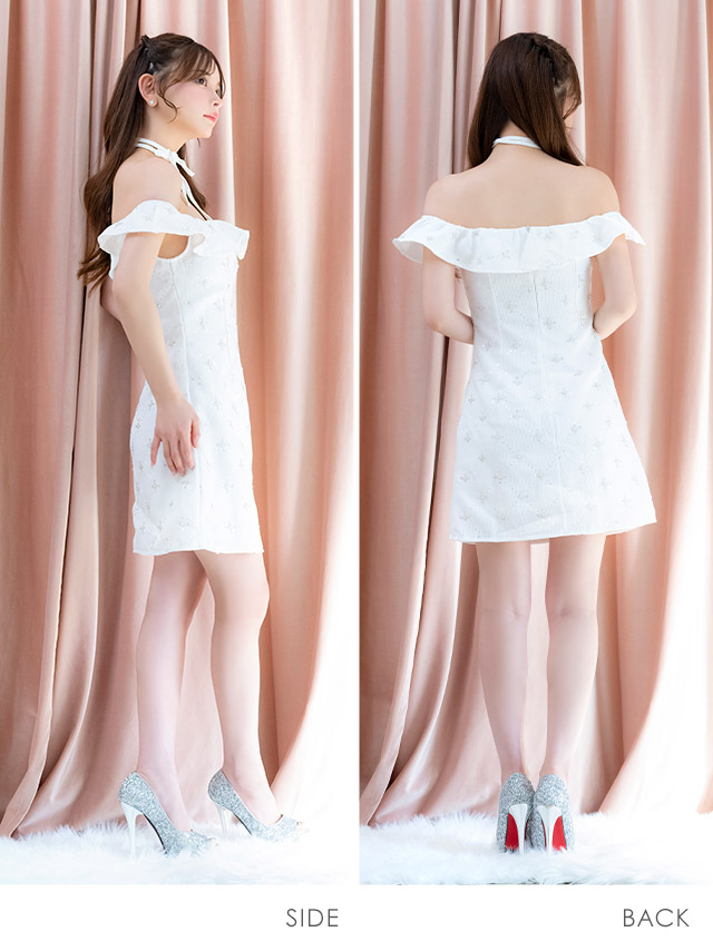 ミニドレス オフショルダー ツイード Aライン ビジュー フラワー チョーカーリボン付き ホワイト XL キャバドレスのサイドバッグ全身