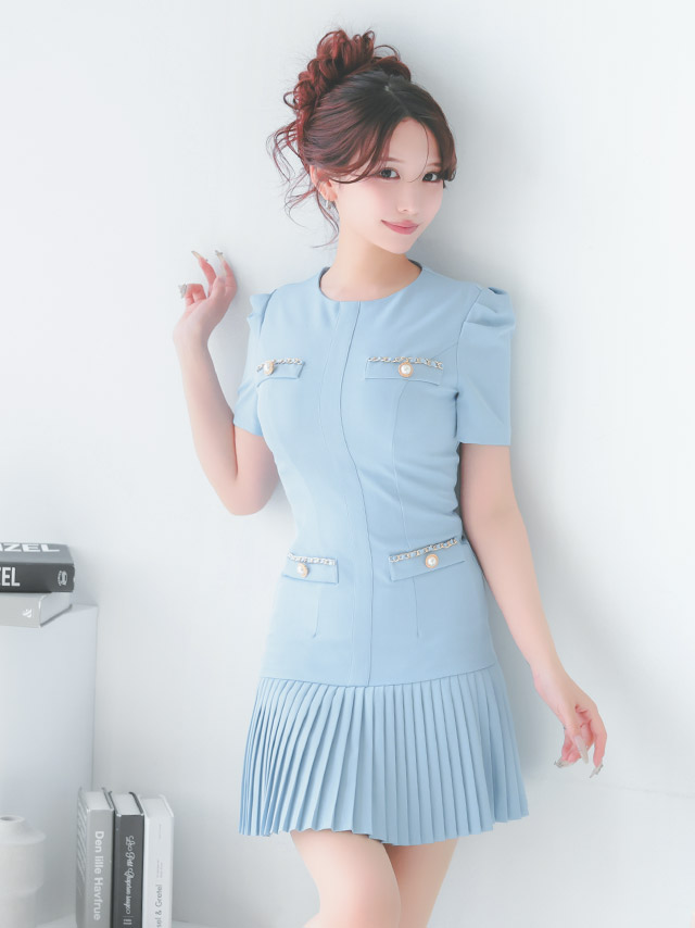 ミニドレス 半袖 ストレッチ パール ゴールドチェーン フェイクポケット プリーツ 胸元カバー 下着のまま 水色 XL XXL Aライン キャバドレス のイメージ画像2