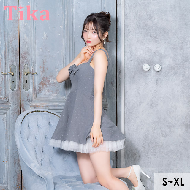 ミニドレス ベアトップ リボン Aライン レイヤード プリーツ 同伴 グレー XL キャバドレスのメイン画像