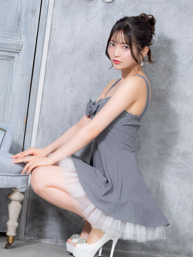 ミニドレス ベアトップ リボン Aライン レイヤード プリーツ 同伴 グレー XL キャバドレスのイメージ画像3