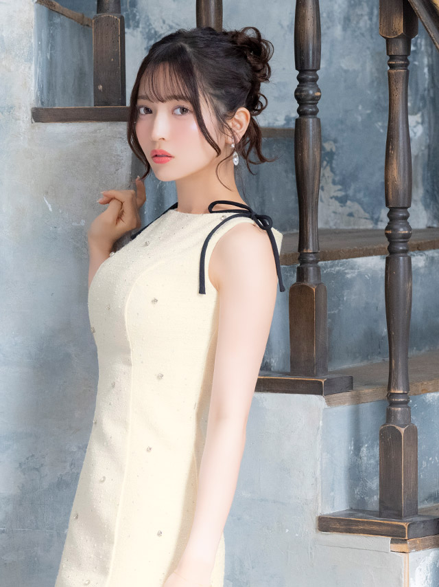 ミニドレス ノースリーブ ショルダーリボン ツイード Aライン ビジュー 胸元カバー 下着のまま ミントブルー 大きいサイズ アイボリー XL XXL キャバドレスのイメージ画像1