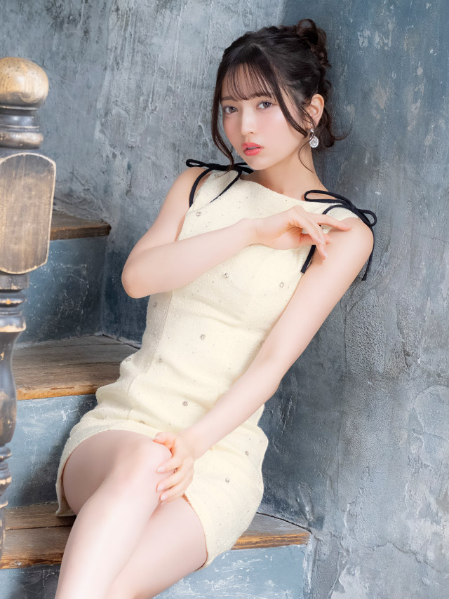 ミニドレス ノースリーブ ショルダーリボン ツイード Aライン ビジュー 胸元カバー 下着のまま ミントブルー 大きいサイズ アイボリー XL XXL キャバドレスのイメージ画像2