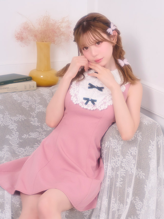 ミニドレス ノースリーブ Aライン レース 襟付き リボン 同伴 胸元カバー 下着のまま ダスティローズ ピンク XL キャバドレスのイメージ画像3