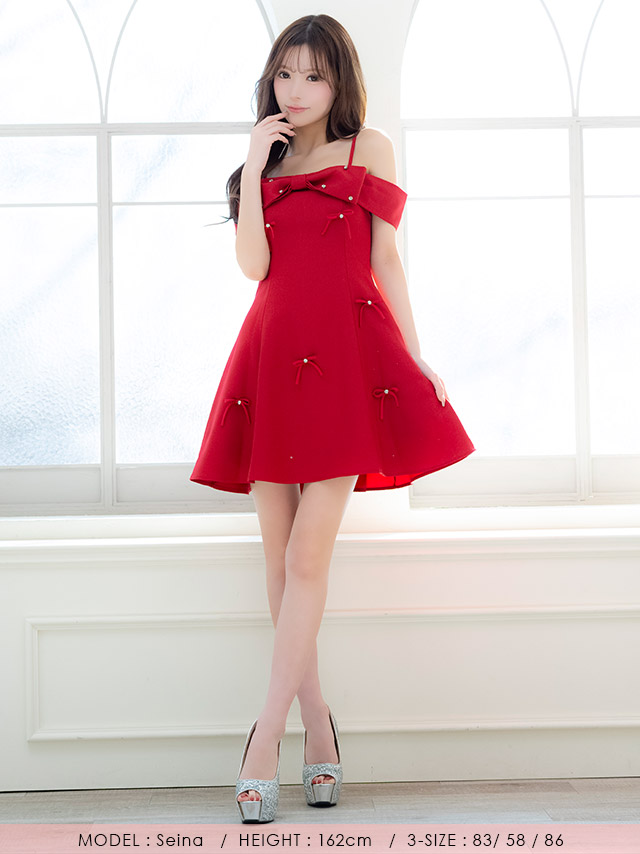 ミニドレス Aライン ビジュー ワンピース リボン 同伴 肩あき バレンタイン 赤ドレス キャバドレスのフロント全身
