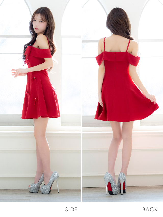 ミニドレス Aライン ビジュー ワンピース リボン 同伴 肩あき バレンタイン 赤ドレス キャバドレスのサイドバッグ全身