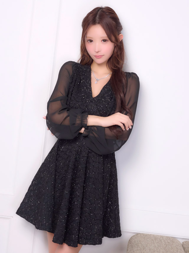 膝丈ドレス Aライン 長袖 ツイード ラメ ワンピース Vネック 大人 上品 二の腕カバー 下着のまま お呼ばれ 高身長 黒 キャバドレスのイメージ画像3