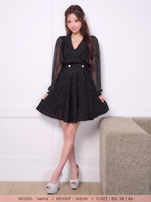 膝丈ドレス Aライン 長袖 ツイード ラメ ワンピース Vネック 大人 上品 二の腕カバー 下着のまま お呼ばれ 高身長 黒 キャバドレスのフロント全身