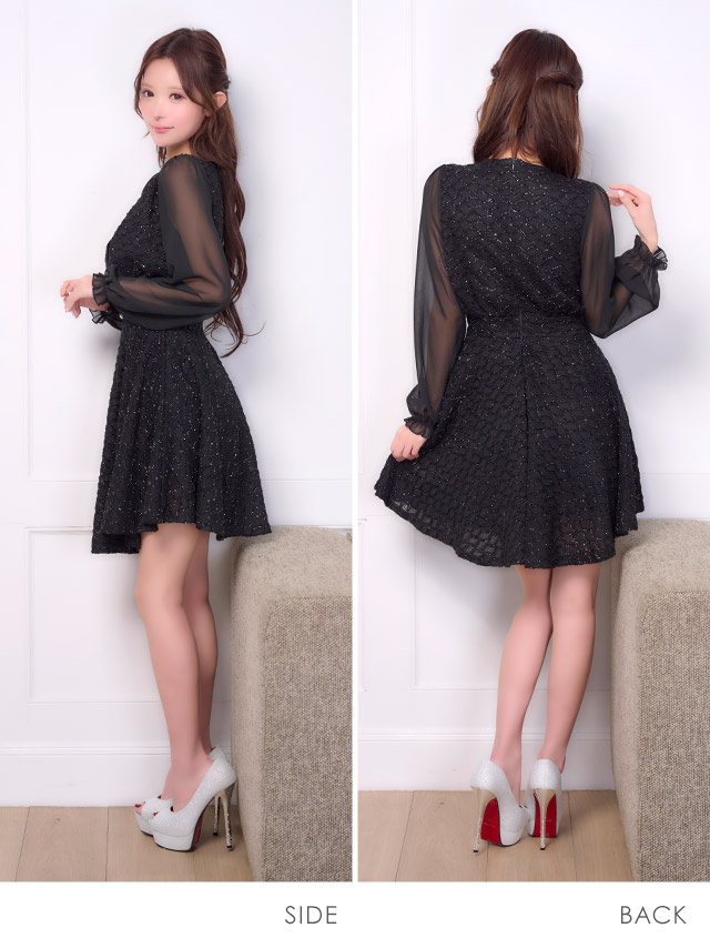 膝丈ドレス Aライン 長袖 ツイード ラメ ワンピース Vネック 大人 上品 二の腕カバー 下着のまま お呼ばれ 高身長 黒 キャバドレスのサイドバッグ全身