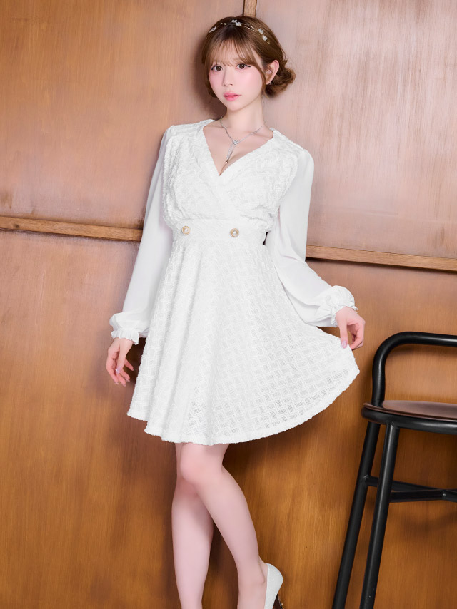 膝丈ドレス Aライン 長袖 ツイード ラメ ワンピース Vネック 大人 上品 二の腕カバー 下着のまま お呼ばれ 高身長 白 キャバドレスのイメージ画像2