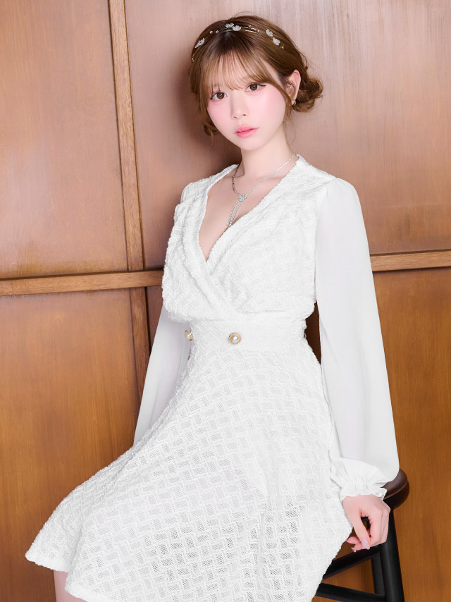 膝丈ドレス Aライン 長袖 ツイード ラメ ワンピース Vネック 大人 上品 二の腕カバー 下着のまま お呼ばれ 高身長 白 キャバドレスのイメージ画像4